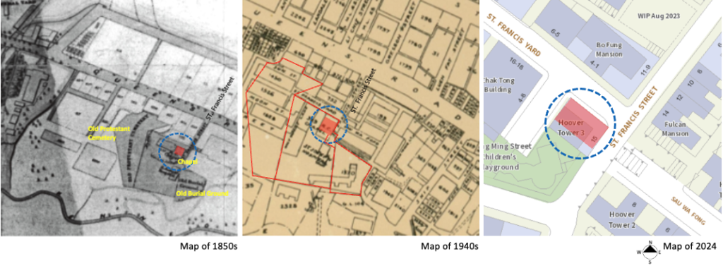 Maps of 1855, 1940, and 2024, showing the site and the current location of the café in light pink (Google Images)